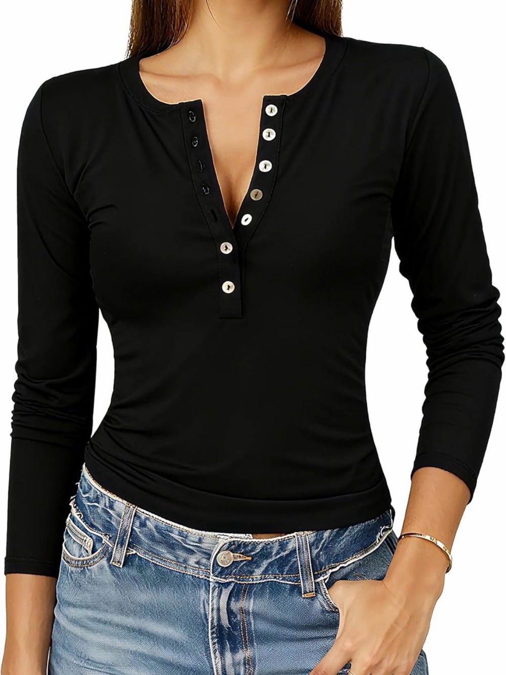 CURVPHILO Black Long-Sleeve Henley Top
